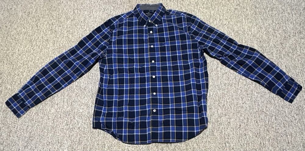 American Eagle Mens Classic Fit Plaid Twill Button Up Shirt Blue Yellow Size L